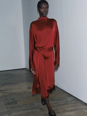 Zara Satin Red Long Sleeve Wrap Midi Dress